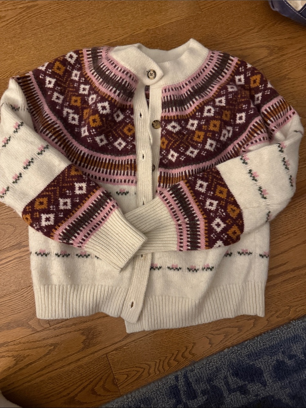 Hill House Cream Fair Isle Cardigan with Pink and Burgundy Accents
